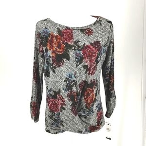 BCX Marled Ribbed Twist Front Floral Top